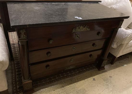 A French Empire ormolu mounted mahogany marble topped commode, fitted four long drawers, width 131cm, depth 63cm, height 92cm